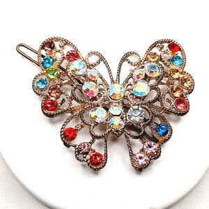 Vintage Multicolor Rhinestone Butterfly Hair Barrette Gold Tone Filigree